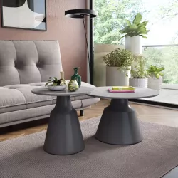 Set 2 tavolini tondi 50 e 70 cm in ceramica grigio portoro opaco e base grigio - Mikado