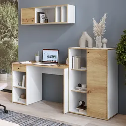 Set scrivania con pensile e mobile multiuso 190x180h cm in legno effetto rovere aystar e bianco - Wicked