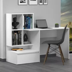 Scrivania 145x112h cm in legno bianco con libreria e cassettone -  Pretty