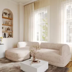 Divano 3 posti angolare in tessuto di ciniglia beige con chaise longue sinistra - Cuddle