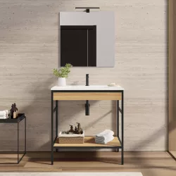 Mobile bagno a terra 90 cm nero e rovere con lavabo integrato e specchio - Axis