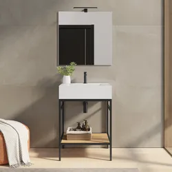 Mobile bagno a terra 70 cm nero e rovere con top lavabo e specchio - Axis