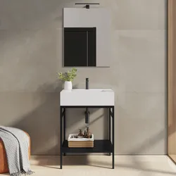 Mobile bagno a terra 70 cm nero con top lavabo e specchio - Axis