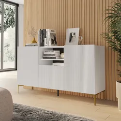 Madia 150x85h cm bianco con 1 cassetto e 2 ante cannettate e piedi in metallo oro - Judith