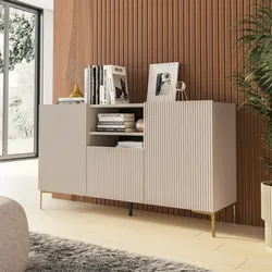 Madia 150x85h cm cashmere con 1 cassetto e 2 ante cannettate e piedi in metallo oro - Judith