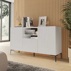 Madia 150x85h cm bianco con 1 cassetto e 2 ante cannettate e piedi in metallo nero - Judith