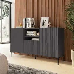 Madia 150x85h cm antracite con 1 cassetto e 2 ante cannettate e piedi in metallo nero - Judith