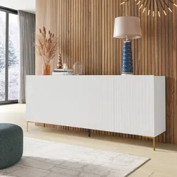 Madia 200x85h cm bianco con 4 ante cannettate  soft close e piedi in metallo oro - Judith