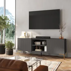 Porta tv 150x55h cm antracite con 2 ante cannettate e piedi in metallo oro - Judith