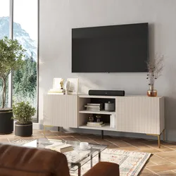 Porta tv 150x55h cm cashmere con 2 ante cannettate e piedi in metallo oro - Judith