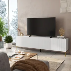 Porta tv 200x55h cm bianco opaco cannettato con 4 ante soft close e piedi in metallo oro - Judith