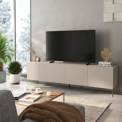 Porta tv 200x55h cm cashmere opaco cannettato con 4 ante soft close e piedi in metallo oro - Judith