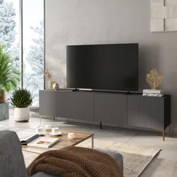 Porta tv 200x55h cm antracite cannettato con 4 ante soft close e piedi in metallo oro - Judith