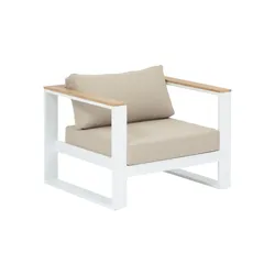 Poltrona da giardino in alluminio bianco con braccioli in legno d'acacia e cuscini - Ariona