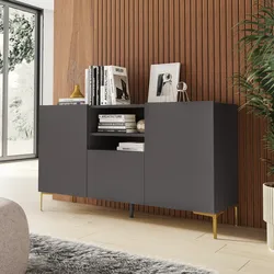 Madia 150x85h cm antracite con 1 cassetto e 2 ante soft close e piedi in metallo oro - Judith