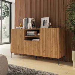 Madia 150x85h cm rovere gold con 1 cassetto e 2 ante cannettate e piedi in metallo nero - Judith