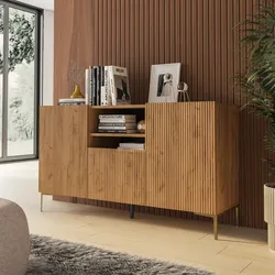 Madia 150x85h cm rovere gold con 1 cassetto e 2 ante cannettate e piedi in metallo oro - Judith