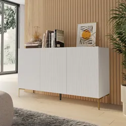 Madia 150x85h cm bianco con 3 ante cannettate soft close e piedi in metallo oro - Judith