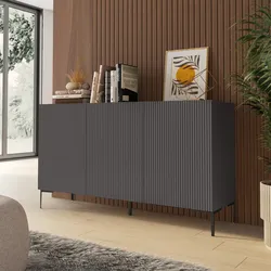 Madia 150x85h cm antracite con 3 ante cannettate soft close e piedi in metallo nero - Judith