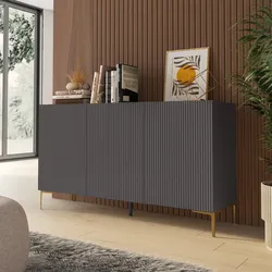 Madia 150x85h cm antracite con 3 ante cannettate soft close e piedi in metallo oro - Judith
