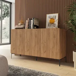 Madia 150x85h cm rovere gold con 3 ante cannettate e piedi in metallo nero - Judith