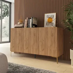 Madia 150x85h cm rovere gold con 3 ante cannettate e piedi in metallo oro - Judith