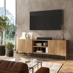 Porta tv 150x55h cm rovere gold con 2 ante cannettate e piedi in metallo oro - Judith