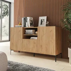 Madia 150x85h cm rovere gold con 1 cassetto e 2 ante soft close e piedi in metallo nero - Judith
