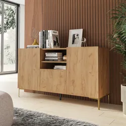 Madia 150x85h cm rovere gold con 1 cassetto e 2 ante soft close e piedi in metallo oro - Judith