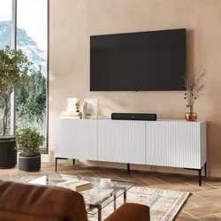 Porta tv 150x55h cm bianco con 3 ante cannettate e piedi in metallo nero - Judith