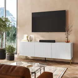 Porta tv 150x55h cm bianco con 3 ante cannettate e piedi in metallo oro - Judith