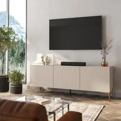Porta tv 150x55h cm cashmere con 3 ante cannettate e piedi in metallo oro - Judith