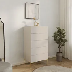 Cassettiera 60x115h cm cashmere con 5 cassetti soft close e piedi in metallo oro - Judith