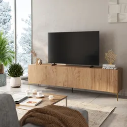 Porta tv 200x55h cm rovere gold con 4 ante cannettate soft close e piedi in metallo oro - Judith