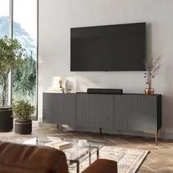 Porta tv 150x55h cm antracite con 3 ante cannettate e piedi in metallo oro - Judith