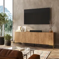 Porta tv 150x55h cm rovere gold con 3 ante cannettate soft close e piedi in metallo oro - Judith