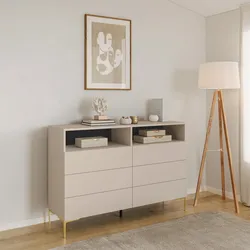 Cassettiera 140x95h cm cashmere con 6 cassetti soft close e piedi in metallo oro - Judith