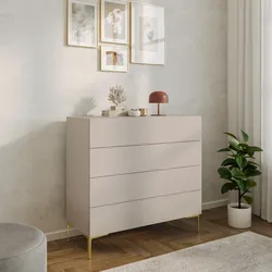 Cassettiera 100x95h cm cashmere con 4 cassetti soft close e piedi in metallo oro - Judith