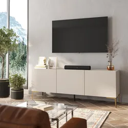 Porta tv 150x55h cm cashmere con 3 ante soft close e piedi in metallo oro - Judith