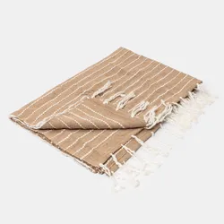 Copriletto 130x170 cm in cotone beige e bianco a strisce con frange - Bea