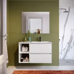 Mobile bagno sospeso 90 cm white satinato con vano a giorno e lavabo dx con specchio - Anami