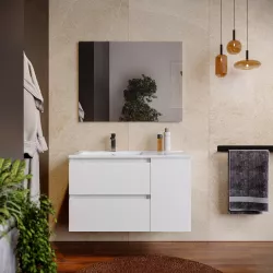 Mobile bagno sospeso 90 cm white satinato con vano e lavabo sx con specchio - Anami