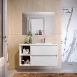 Mobile bagno sospeso 100 cm white satinato con vano a giorno e lavabo dx con specchio - Anami