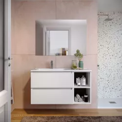 Mobile bagno sospeso 100 cm white satinato con vano a giorno e lavabo sx con specchio - Anami