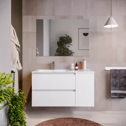 Mobile bagno sospeso 100 cm white satinato con vano e lavabo sx con specchio - Anami