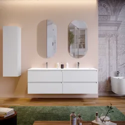 Mobile bagno sospeso 160 cm white satinato con lavabo doppia vasca e specchio - Anami