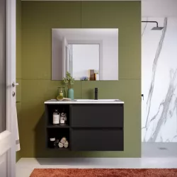 Mobile bagno sospeso 90 cm nero satinato con vano a giorno e lavabo dx con specchio - Anami