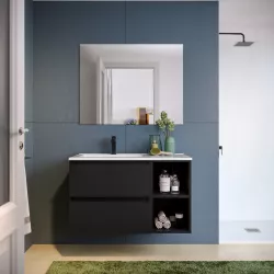 Mobile bagno sospeso 90 cm nero satinato con vano a giorno e lavabo sx con specchio - Anami