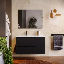 Mobile bagno sospeso 90 cm nero satinato con vano e lavabo sx con specchio - Anami