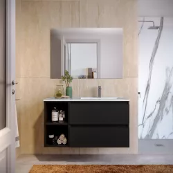 Mobile bagno sospeso 100 cm nero satinato con vano a giorno e lavabo dx con specchio - Anami